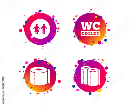 Toilet paper icons. Gents and ladies room signs. Paper towel or kitchen roll. Man and woman symbols. Gradient circle buttons with icons. Random dots design. Vector