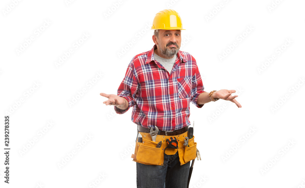 Builder making confused expression and gesture.