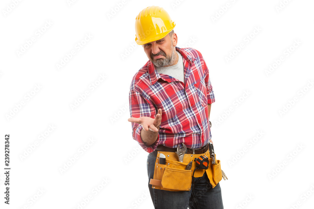 Constructor holding hand as doubtful concept. Constructor holding hand as doubtful concept.