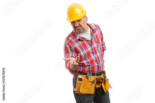 Constructor holding hand as doubtful concept. © Thunderstock