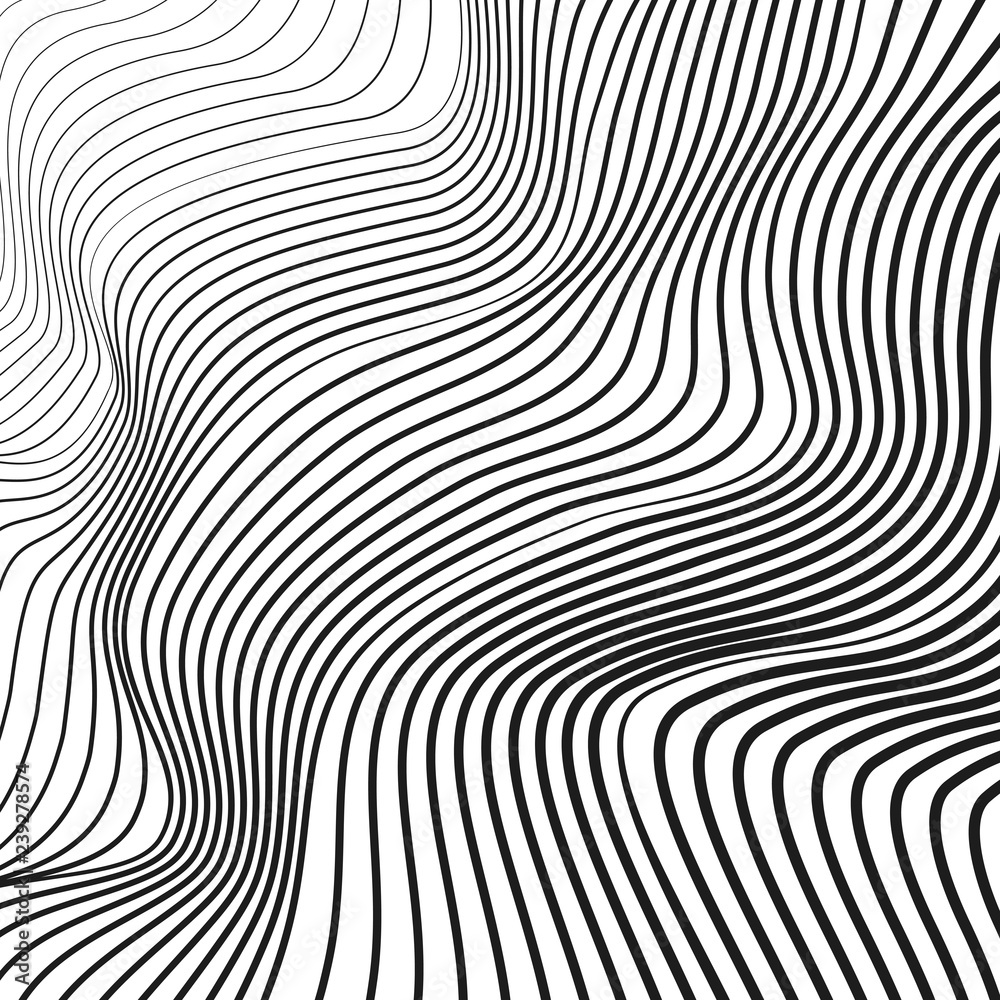 Black and white wave pattern. Vector squiggle, waving dynamic lines. Abstract op art design. Tech background, flowing simple waveforms. Modern conceptual illusion. EPS10 illustration