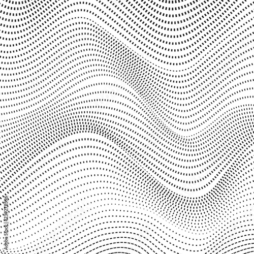 Black dotted waving lines on a white background. Vector simple pattern. Monochrome horizontal op art design. Abstract halftone computer graphic, deformed surface. Tech concept. EPS10 illustration