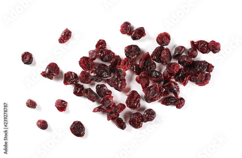 Dried cranberries isolated on white background, top view