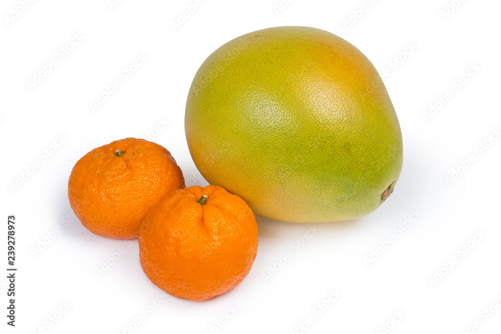 Pomelo and two mandarin oranges on a white background Pomelo and two mandarin oranges on a white background