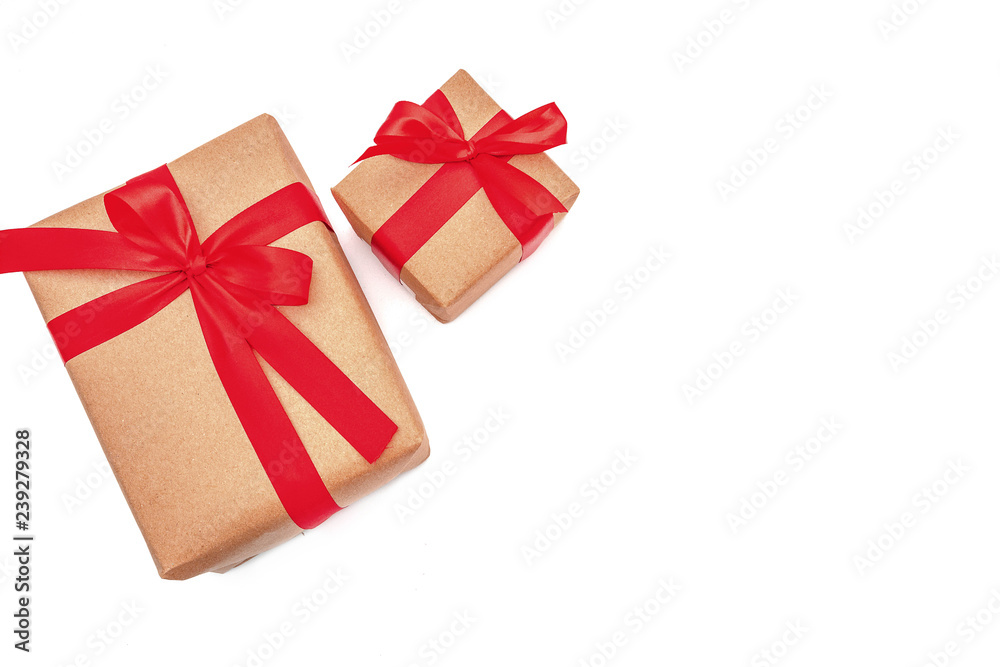 top view objects Brown Gift box bow tie Red ribbon isolated on white background merry christmas and happy new year concept top view objects Brown Gift box bow tie Red ribbon isolated on white background merry christmas and happy new year concept