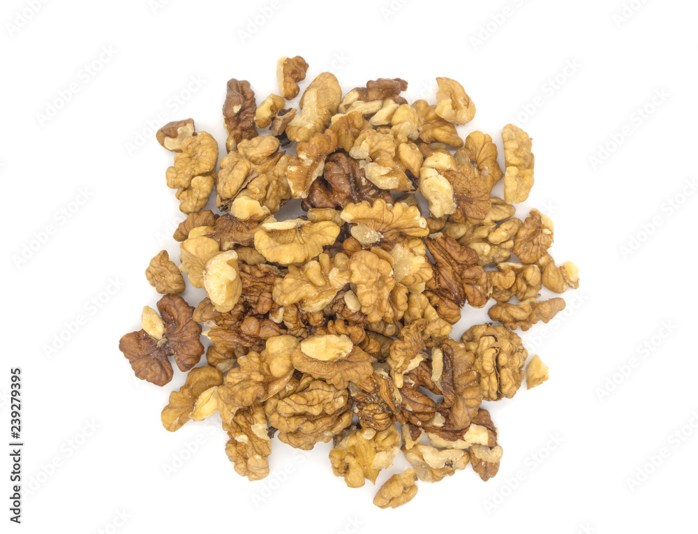 Peeled walnut on white background