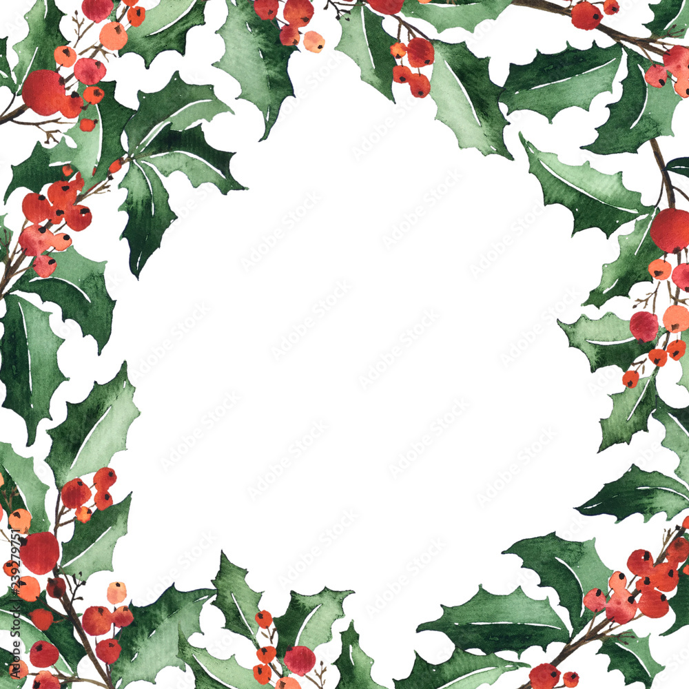 Watercolor frame arangement of holly berries for Christmas decoration