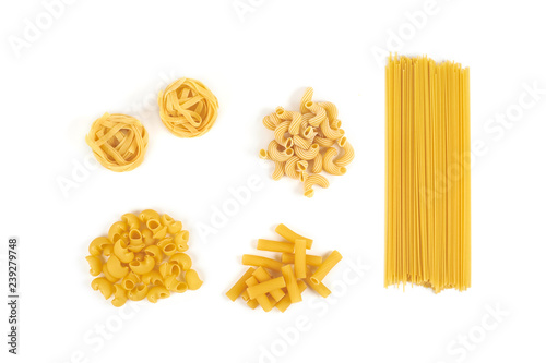 Collection of italian pasta portion isolated on white background.
