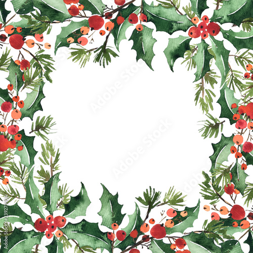 Christmas watercolor square frame arangement of holly, berries and spruce