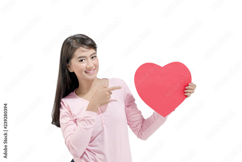 Portrait of asian woman showing red heart shaped Portrait of asian woman showing red heart shaped