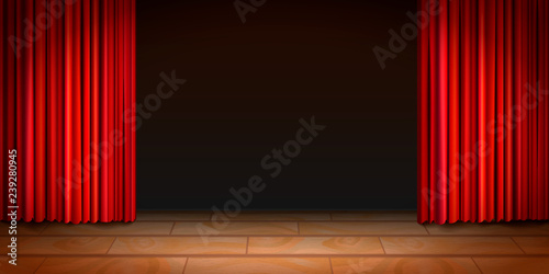 Theatre wooden scene with dark background and red curtains