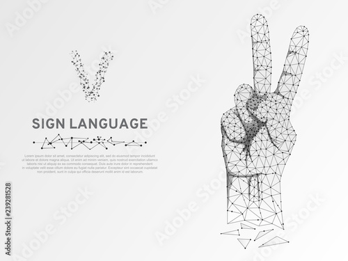 Origami Sign language V letter, two fingers pointing up hand in peace or victory symbol, Polygonal low poly. Deaf People silent communication alphabet. Connection wireframe. Vector on white background