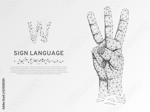 Origami Sign language V letter, hand with three fingers pointing up gesture, Polygonal low poly. Deaf People silent communication alphabet. Connection wireframe. Vector on white background