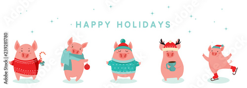 Collection of cute winter pigs. Happy New 2019 year. Symbol of the year in the Chinese calendar. Vector cartoon isolated illustration.