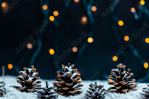 Pine Cones in snow on a blurred background of bokeh garland