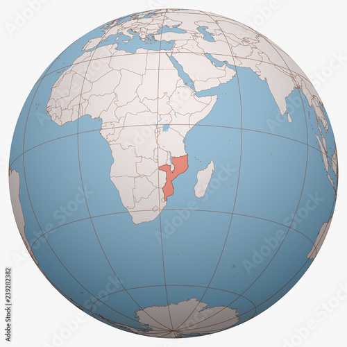 Mozambique on the globe. Earth hemisphere centered at the location of the Republic of Mozambique. Mozambique map.