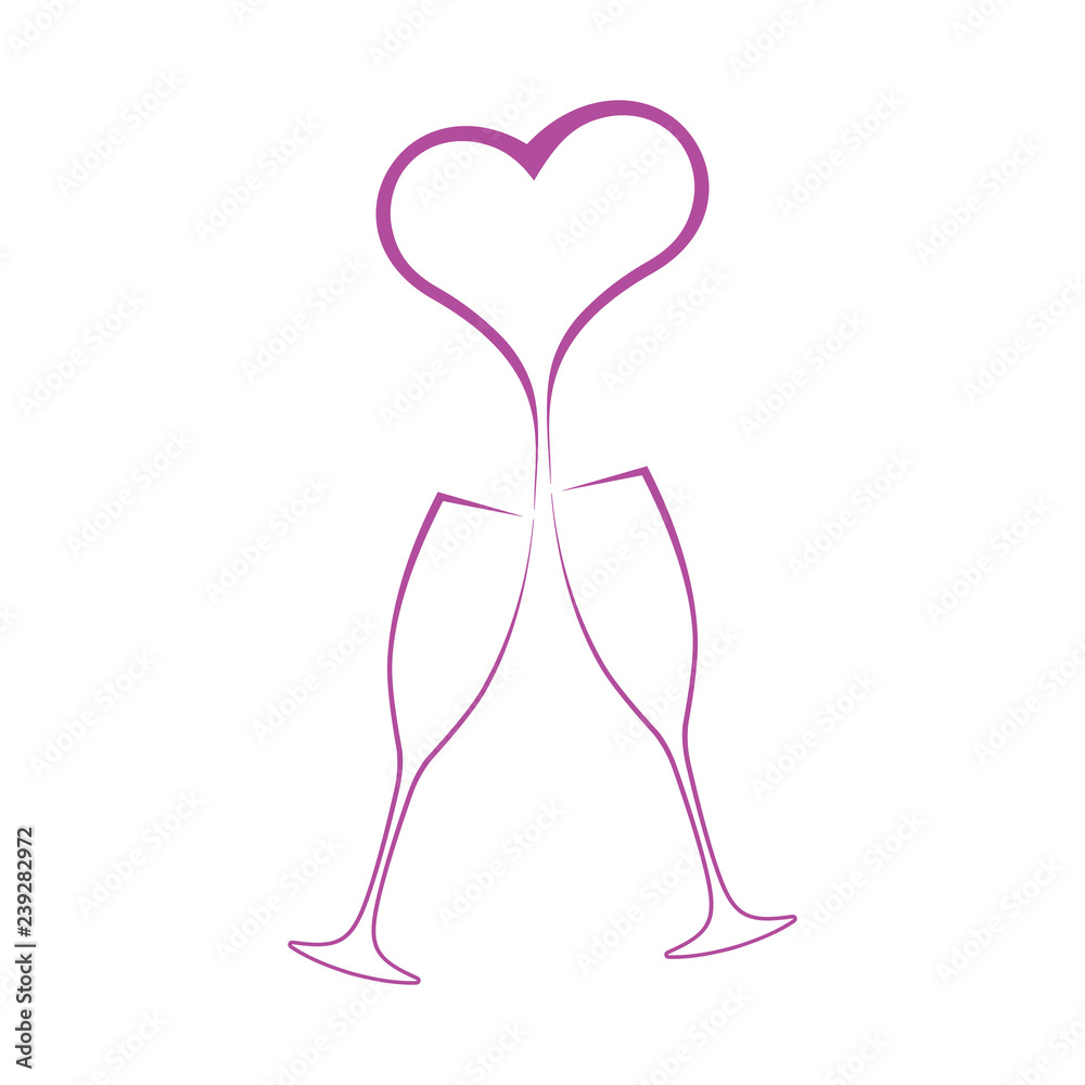 Two glasses of champagne with a heart. Love logo, abstract concept, icon. Vector illustration on white background.