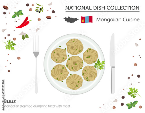 Mongolian Cuisine. Asian national dish collection. Buuz isolated on white, infograpic