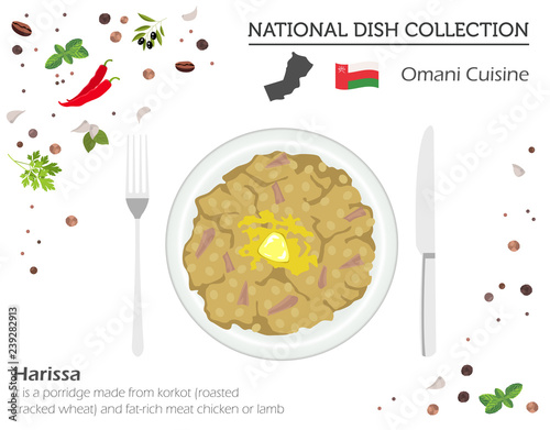 Omani Cuisine. Middle East national dish collection. Harissa isolated on white, infograpic
