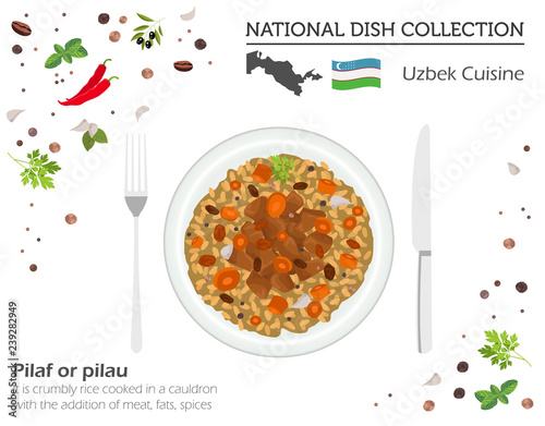 Uzbek Cuisine. Asian national dish collection. Pilaf isolated on white, infograpic