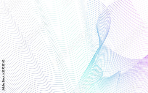Purple, turquoise waving squiggle curves, white background. Abstract pastel draped net. Technology pattern, futuristic waveform. Vector art line design. Horizontal copy space. EPS10 illustration