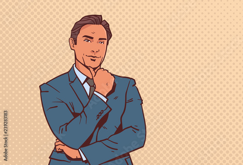 businessman hold hand finger on chin business man pondering male cartoon character portrait pop art style horizontal vector illustration