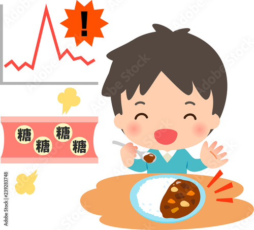 食事する男性と血糖値急上昇のイメージ