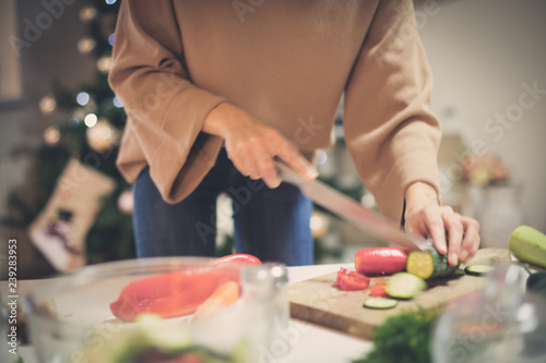 Preparing for a Christmas dinner.