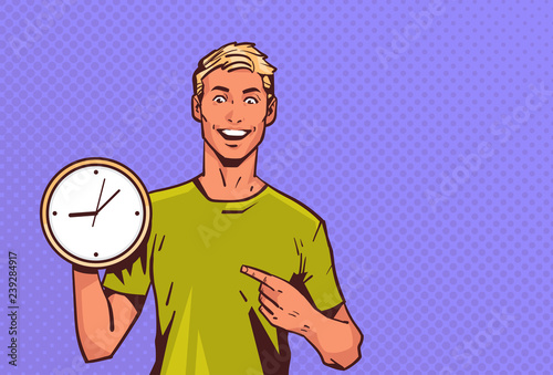 excited man hold clock point finger pop art retro style male happy cartoon character portrait horizontal vector illustration