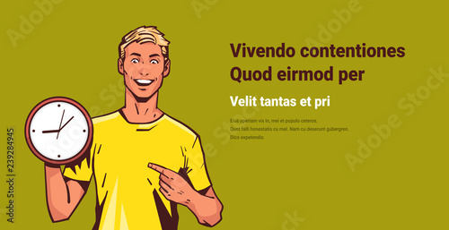 excited man hold clock point finger pop art retro style male happy cartoon character portrait copy space horizontal vector illustration