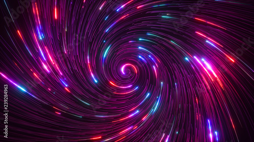 Abstract bright creative cosmic background. Hyper jump into another galaxy. Speed of light, neon glowing twisted lines in motion. Beautiful swirls, colorful vortex. Falling stars. 3d rendering photo