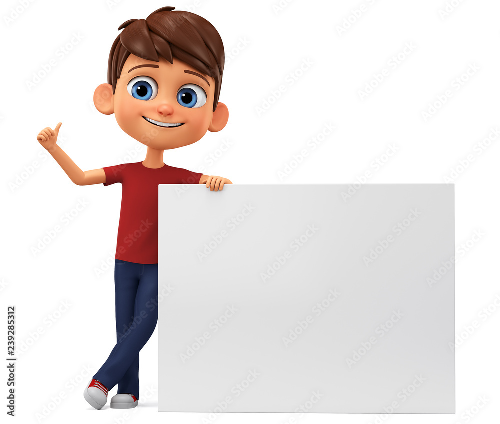 Character cartoon boy in a red T-shirt leaned against a blank board on a  white background. 3d rendering. Illustration for advertising. Stock  Illustration | Adobe Stock