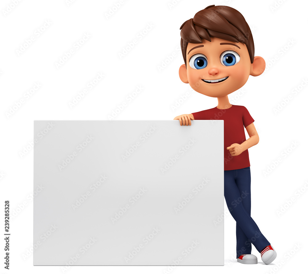 Cartoon character boy in red t-shirt points to a blank board on a white  background. 3d rendering. Illustration for advertising. Stock Illustration  | Adobe Stock