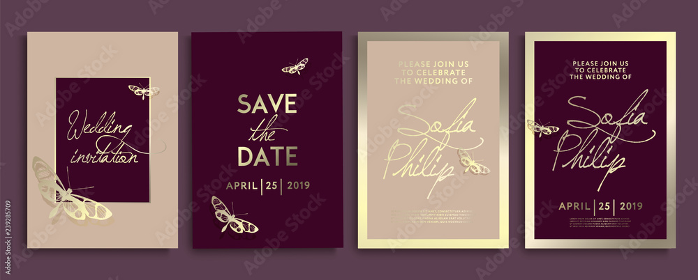 Wedding invitation cards with marble texture background and gold geometric line design vector. Wedding invitation frame set