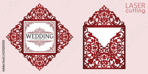 Laser cut square envelope with patterned corners, Template for wedding invitation card. Cutout paper four fold card for laser cutting or die cutting. Suitable for greeting cards, invitations, menus.