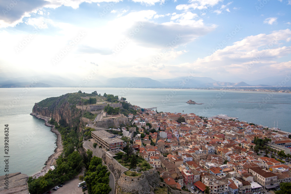 Nafplio aerial panoramic view from Palamidi fortress. Nafplio is a seaport town in the Peloponnese peninsula in Greece. amazing view from the old fortress 