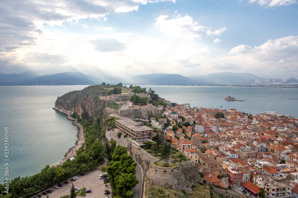 Nafplio aerial panoramic view from Palamidi fortress. Nafplio is a seaport town in the Peloponnese peninsula in Greece. amazing view from the old fortress 