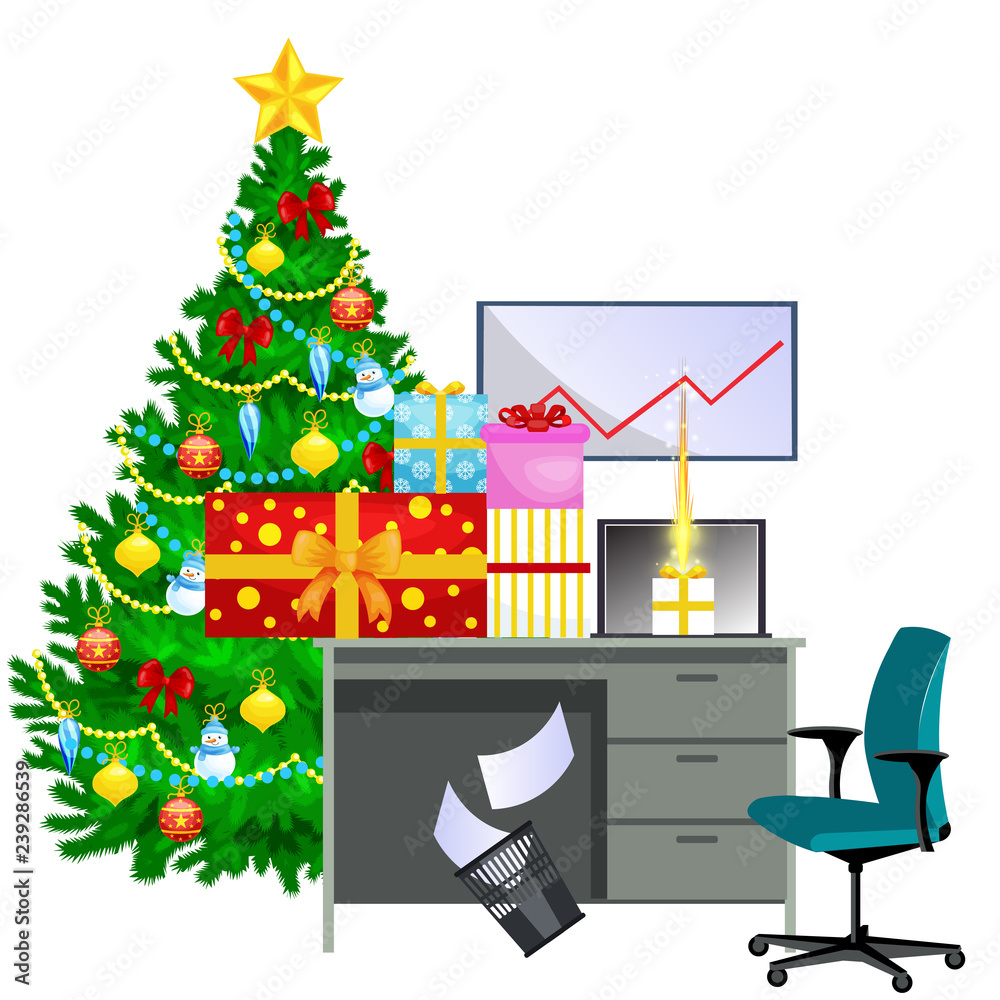 Cartoon image of office desk and christmas tree