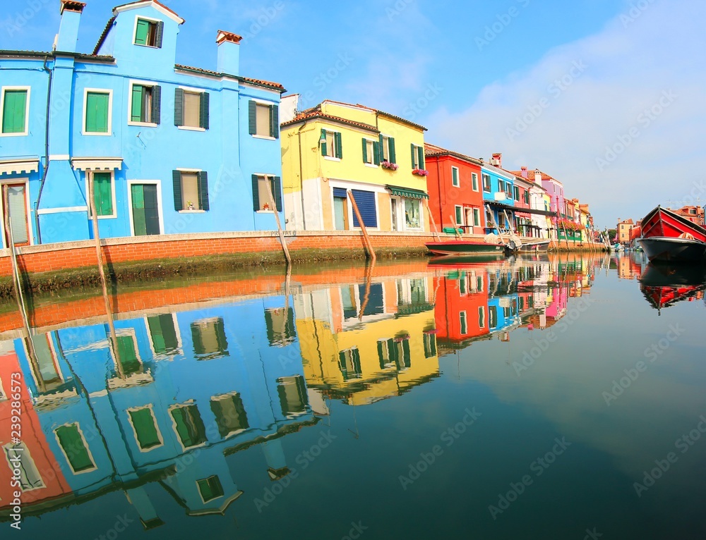 houses of the Italian island of Burano near Venice and the water