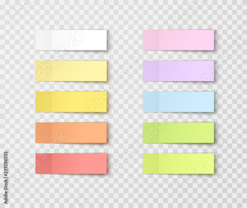 Post note stickers isolated on transparent background. Vector color paper sticky tape set with shadow template.