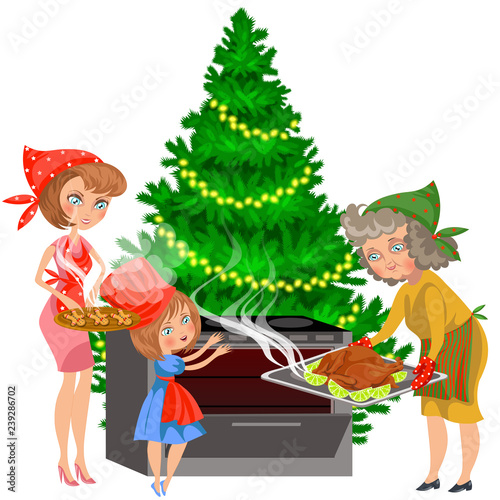 Cartoon mother child and grandmother putting chicken in oven