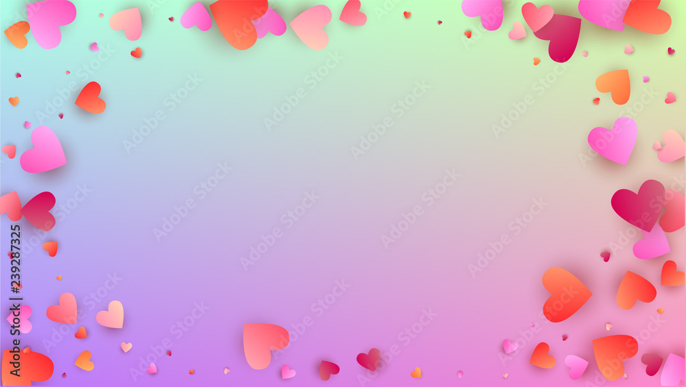 Wedding Background. Heart Confetti Pattern. Many Random Falling Purple Hearts on Hologram Backdrop. Card Template. Vector Wedding Background.