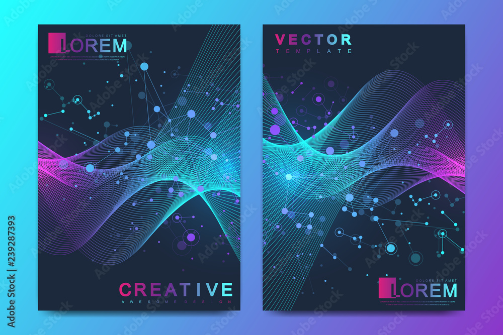 Fototapeta premium Modern vector template for brochure, leaflet, flyer, cover, banner, catalog, magazine, or annual report in A4 size. DNA helix, DNA strand, molecule or atom, neurons. Wave flow. Lines plexus