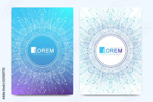 Modern vector template for brochure, leaflet, flyer, cover, banner, catalog, magazine, or annual report in A4 size. Futuristic science and technology design. Presentation with mandala. Lines plexus.