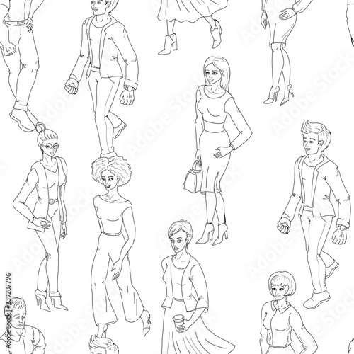 Seamless pattern with business people walking. Sketch style illustration with men and woman.