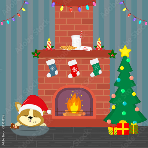 New Year and Christmas card. A cute corgi puppy in a Santa hat is sleeping near the fireplace. Christmas tree with gifts, fireplace, garland, candles, milk and cookies in the room. Cartoon, vector