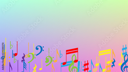 Disco Background. Colorful Musical Notes Symbol Falling on Hologram Background. Many Random Falling Notes, Bass and, Treble Clef. Disco Vector Template with Musical Symbols.
