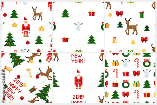 Colorful Pixel Pattern set with Christmas Elements. Atcade games style