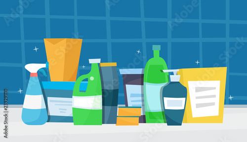 Washing detergents. Flat cartoon style vector illustration.