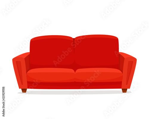 Comfortable sofa on white background. Isolated red couch lounge in interior. Flat cartoon style vector illustration.